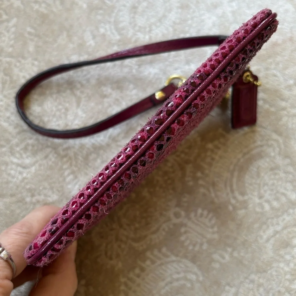COACH Leather Zippered Wristlet Snakeskin Raspberry Pink Embossed Python Exotic